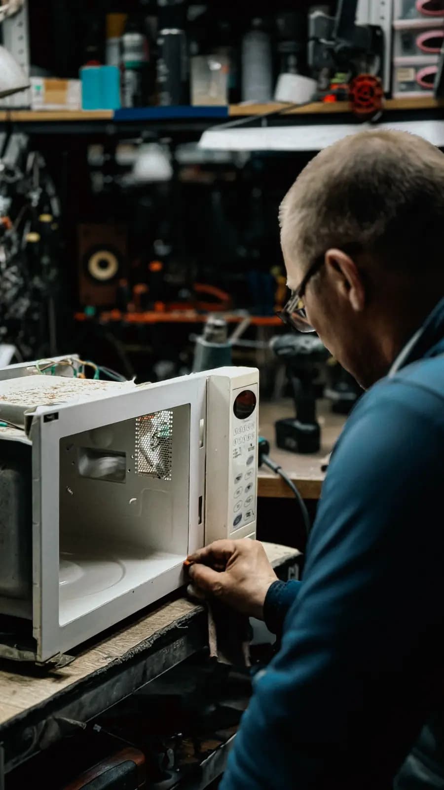 Technician working on an opened countertop microwave on a repair bench