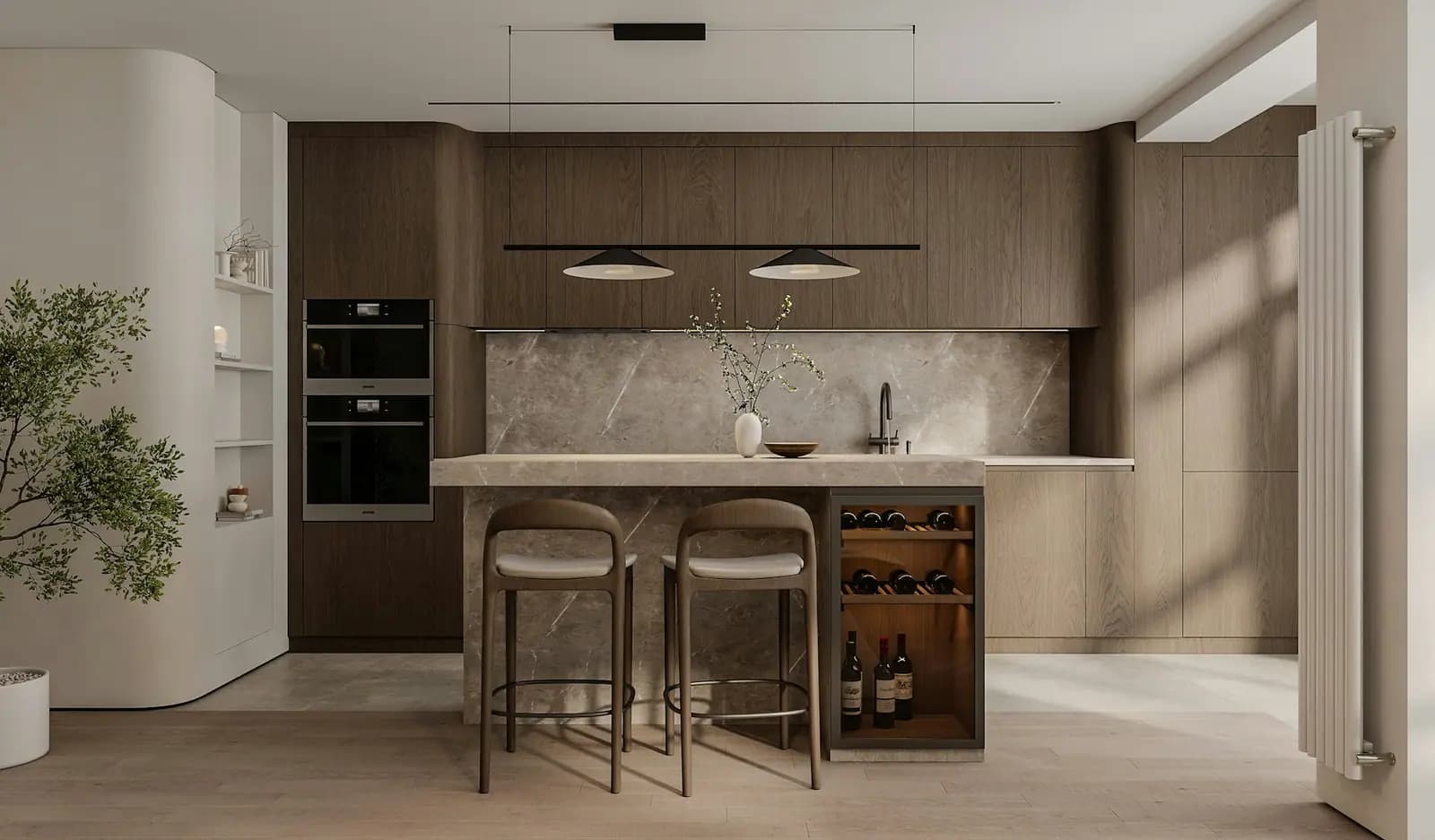 Contemporary kitchen with wall ovens and wine storage built into the island